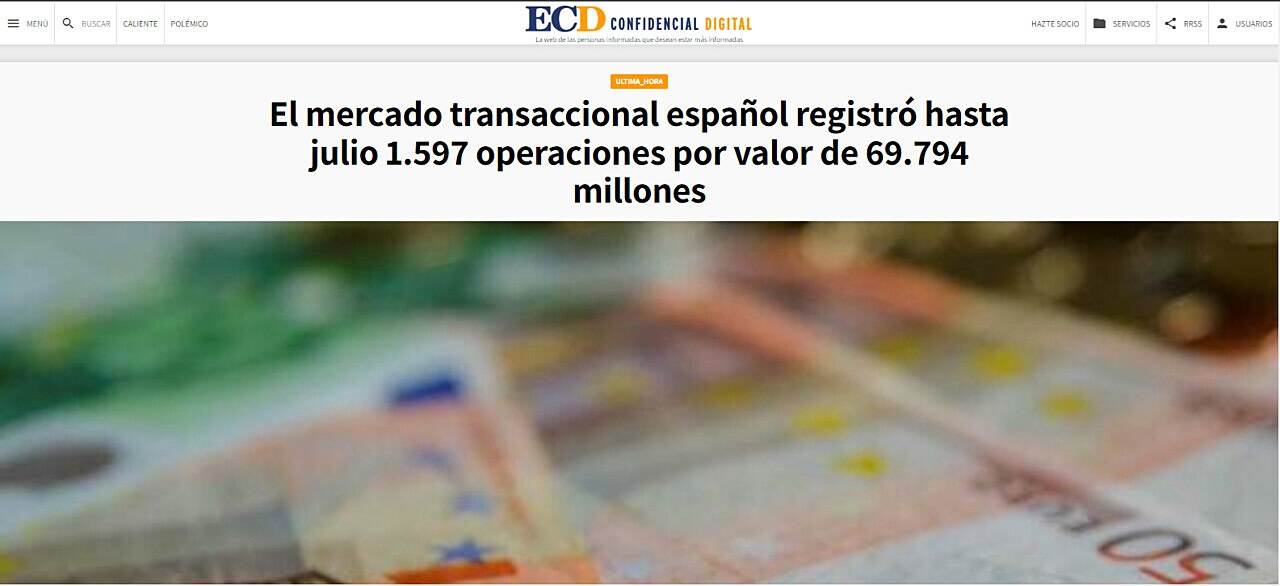 El mercado transaccional espaol registr hasta julio 1.597 operaciones por valor de 69.794 millones